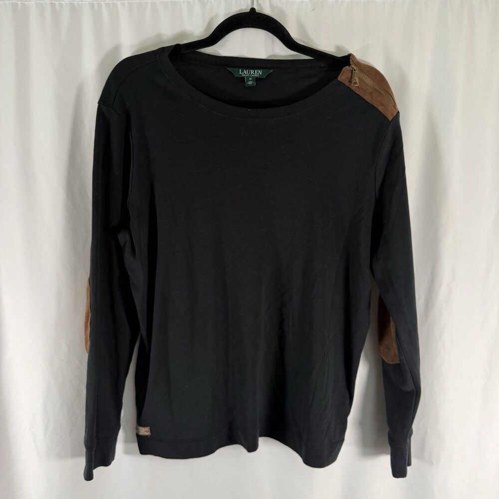 Lauren Ralph Lauren Blouse Women's 1X Black Elbow Pads Zip Neck Long Sleeve